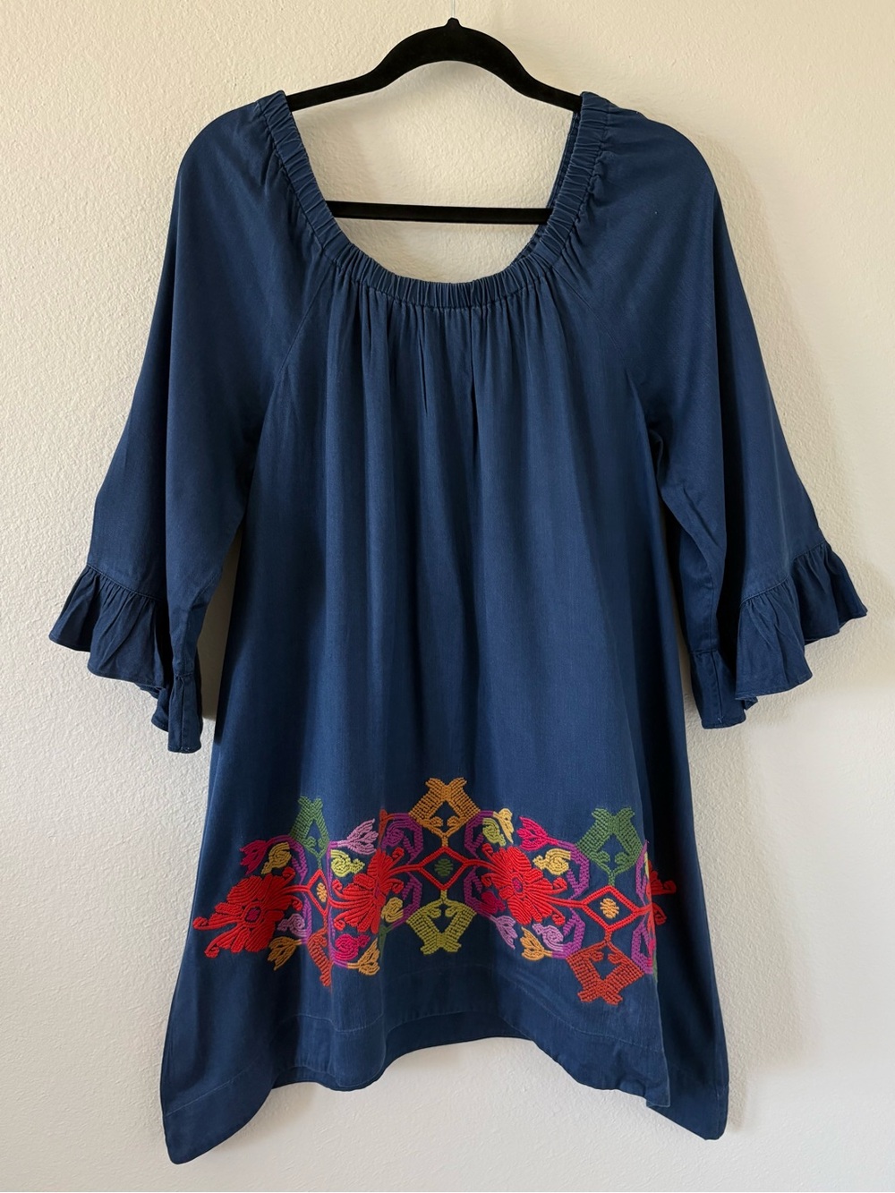 IVY JANE Embroidered Boho Peasant Tunic Dress | Navy Blue | Size Small